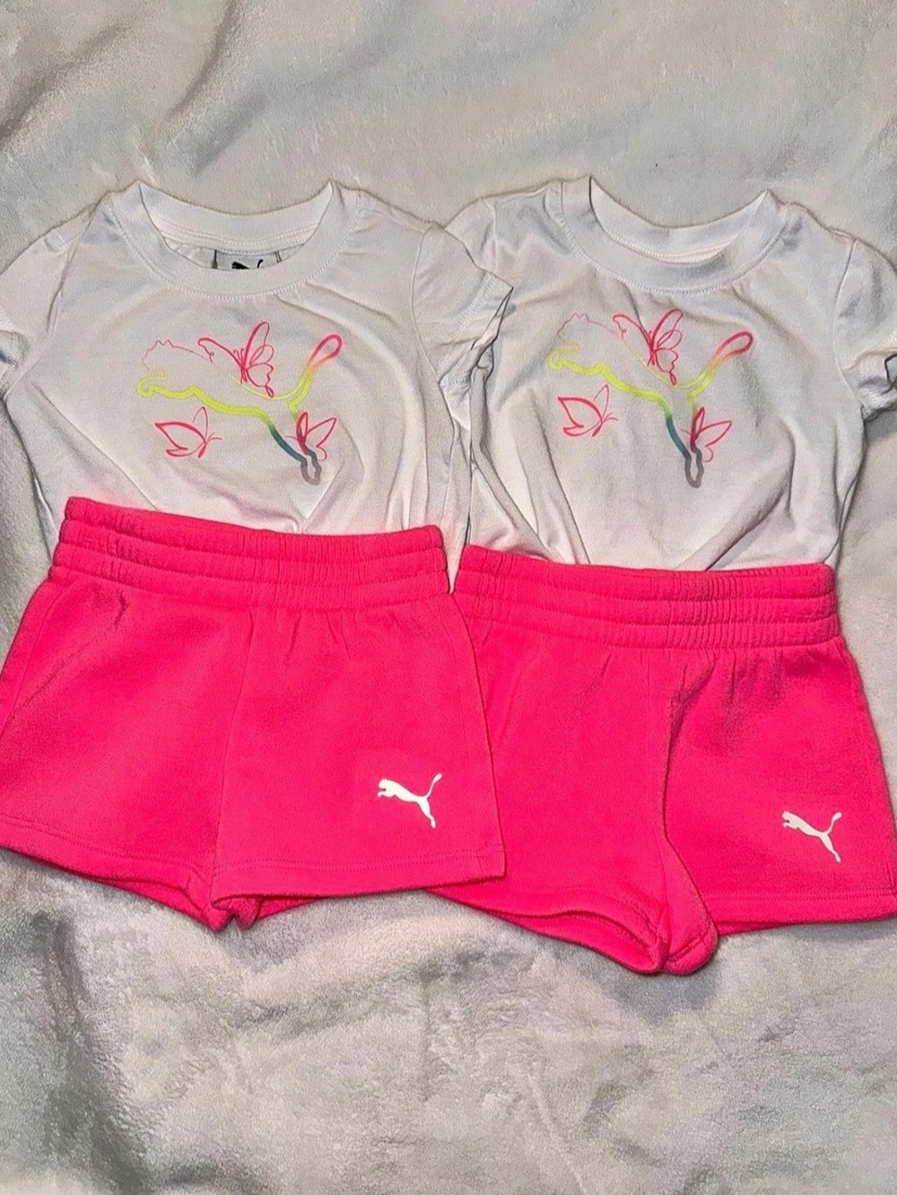 Puma White Knot Tee with Neon Butterfly and Hot Pink Shorts Set